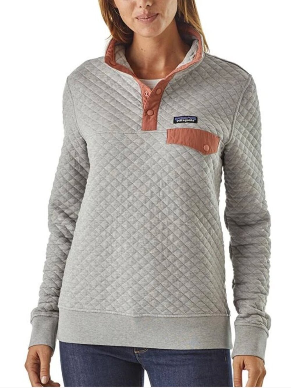 Patagonia Women's Organic Cotton Quilt Snap-T Pullover Grey with Coral Small
